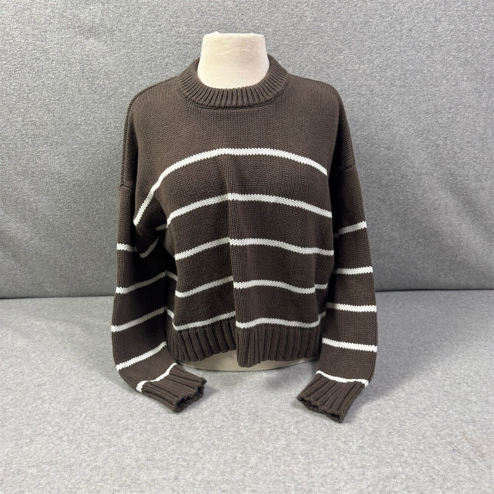 Quince Organic Cotton Striped Crew Sweater Womens Size S Brown Pullover - Picture 3 of 13